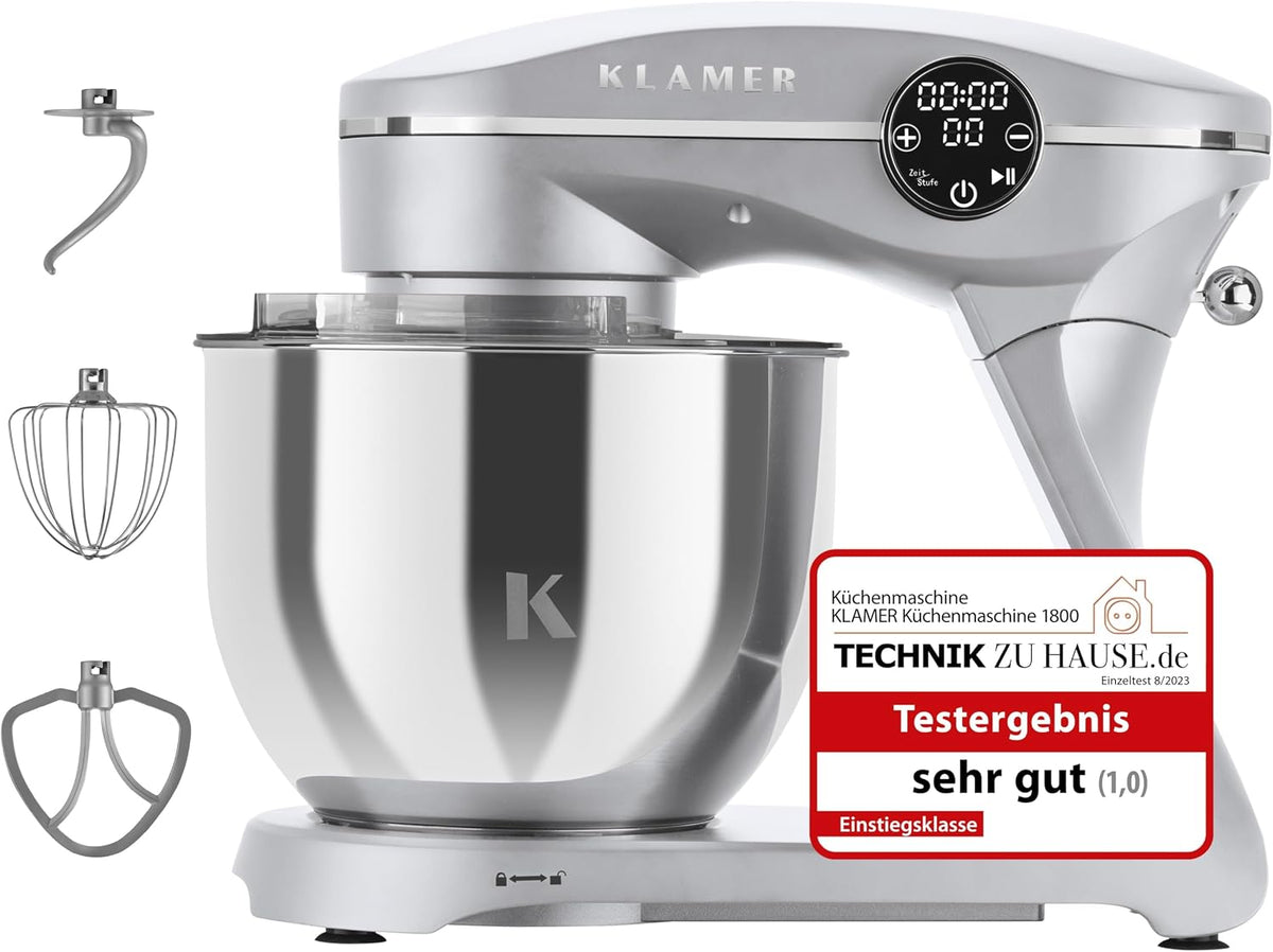 KLAMER Küchenmaschine, 6 L, 1800 W, aus Edelstahl und Stahl, mit Timer, für die Küche, Silber
