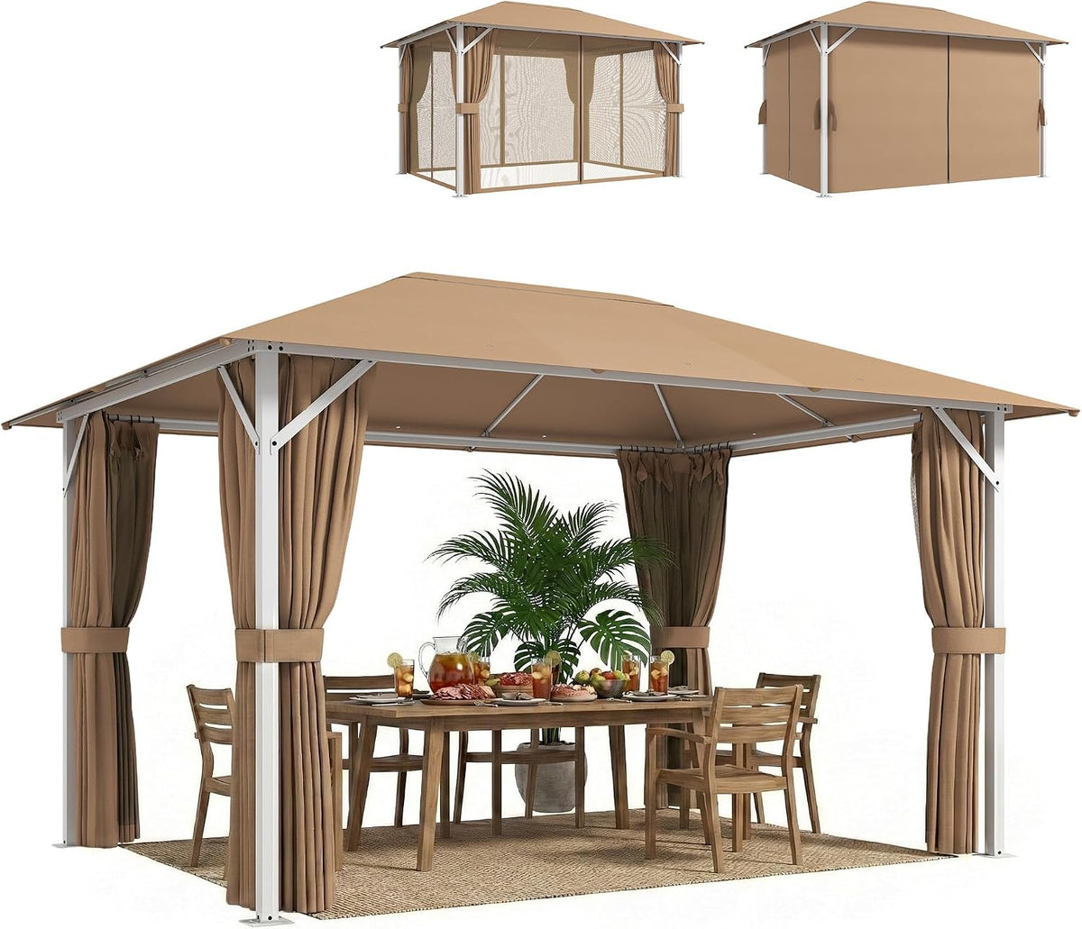 Outsunny Gartenpavillon, 3 × 4 m, 60 mm, mit Vorhängen, mit Moskitonetzen, aus Metall, für den Garten und die Terrasse, Khaki