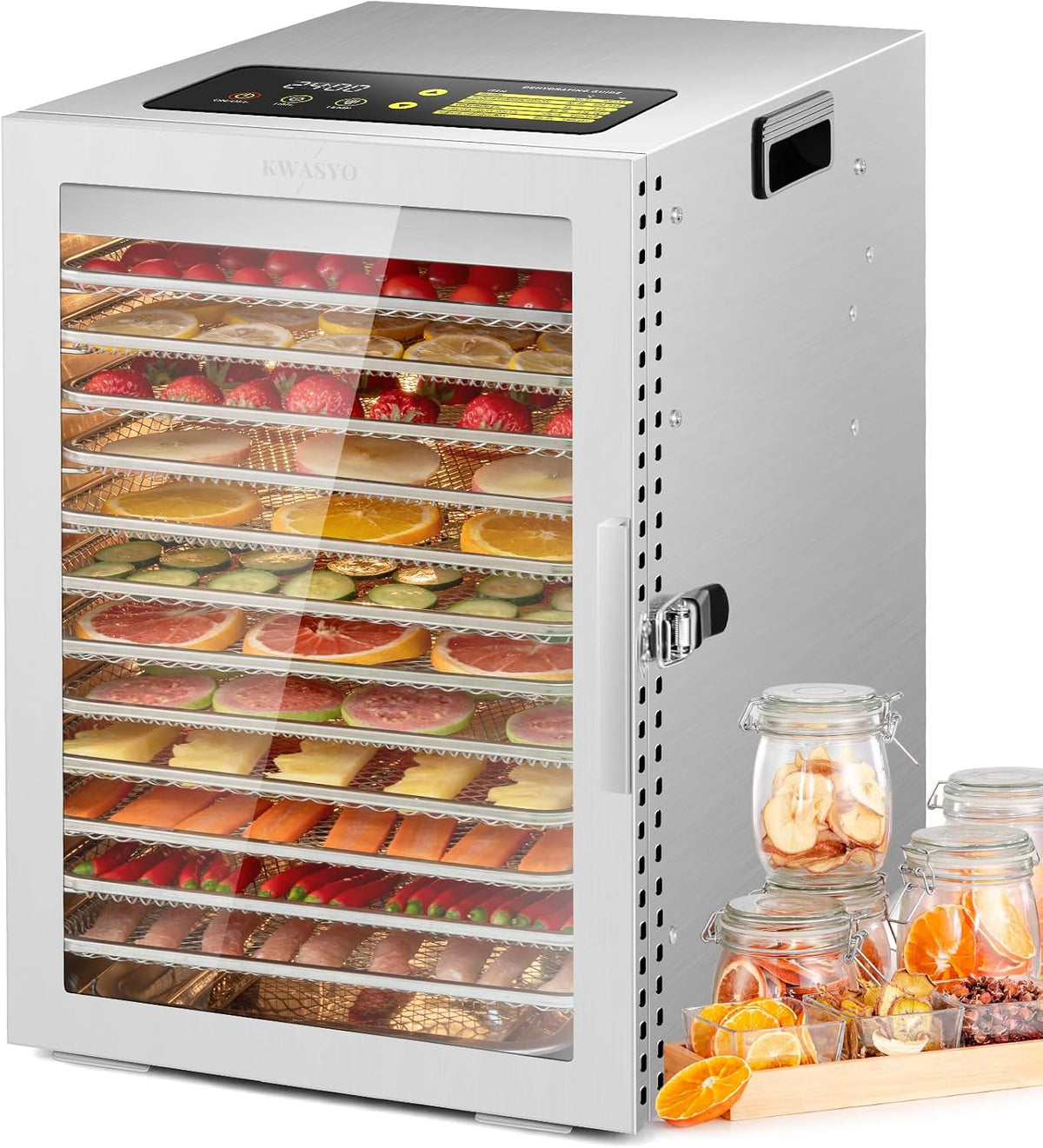 Kwasyo Dörrautomat Edelstahl Dörrautomaten, 30–90°C, mit Timer, verstellbar, mit LED, aus Edelstahl und Stahl, Silber
