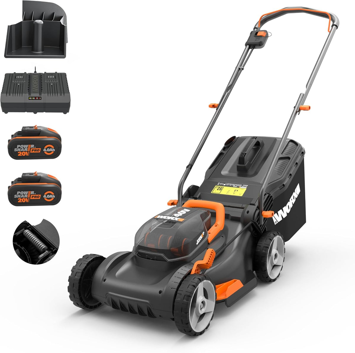 WORX WG734E Rasenmäher, 40 V, 0 Ah, 40 cm, klappbar, mit Stauraum, Schwarz/Orange