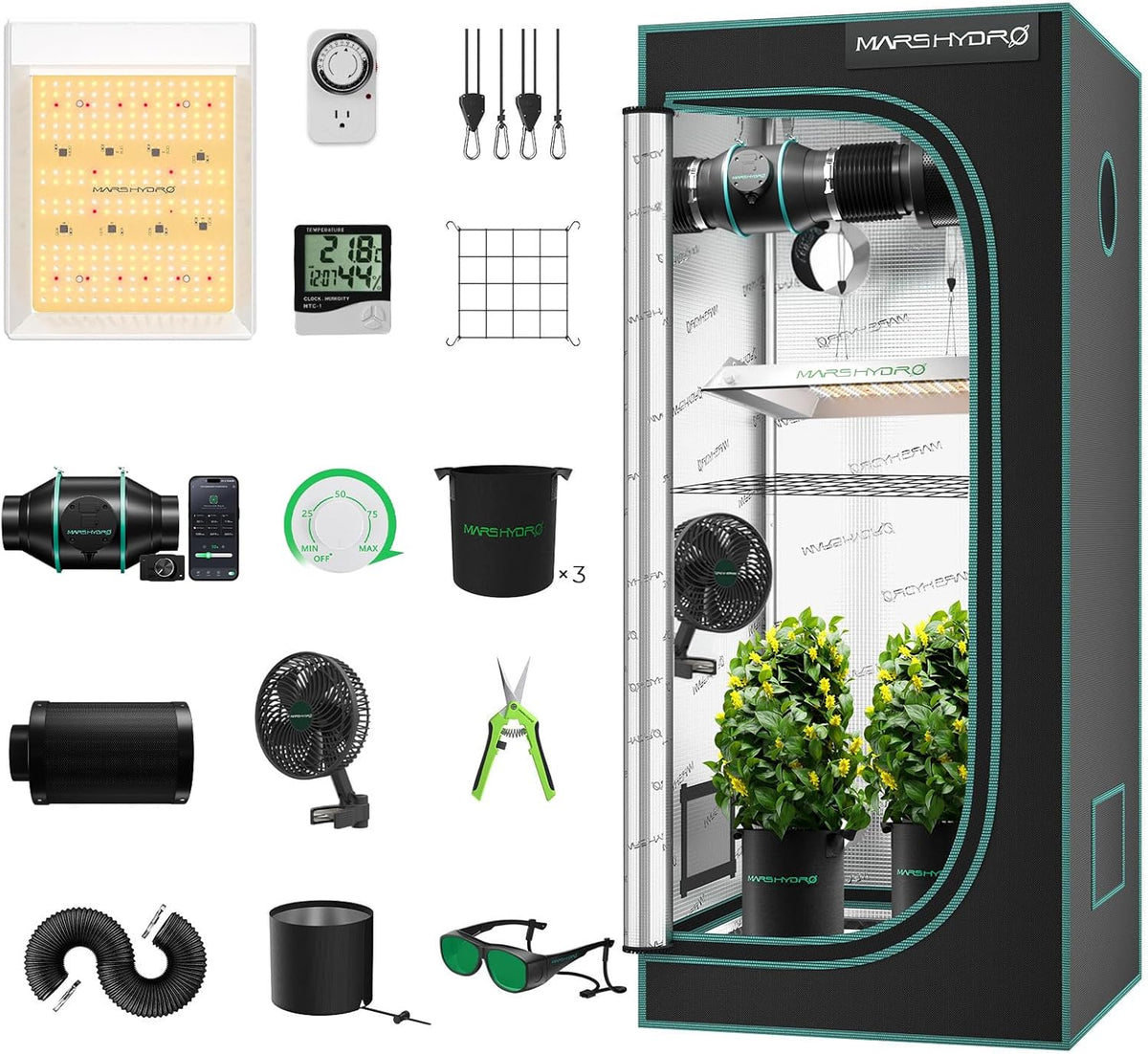 MARS HYDRO TS600 Zuchtzelte, 60 × 60 × 140 cm, mit LED, mit USB, mit Timer, Schwarz/Grün