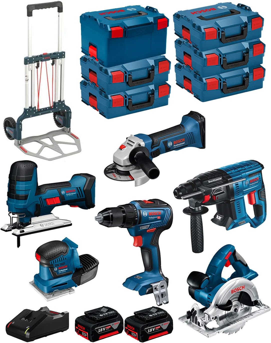 JG todotaladros BK602 Werkzeugsets, 18–125 V, 18 V, 5,0 Ah, Blau/Schwarz/Rot