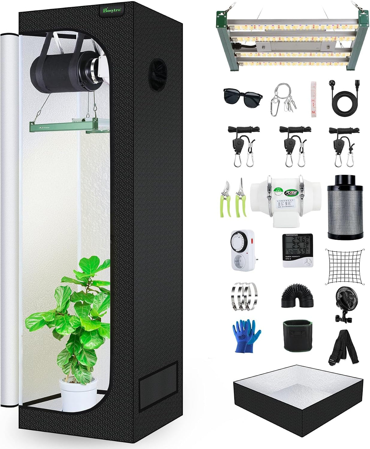 BOSYTRO Zuchtzelte, 60 × 60 × 180 cm, 120 W, mit LED, wasserdicht, verstellbar, mit Timer, Schwarz/Grün