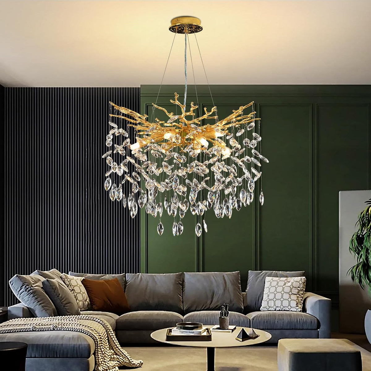 AHXIAOZN Luxury Tree Branch Kronleuchter, 60 cm, höhenverstellbar, für das Wohnzimmer, Gold