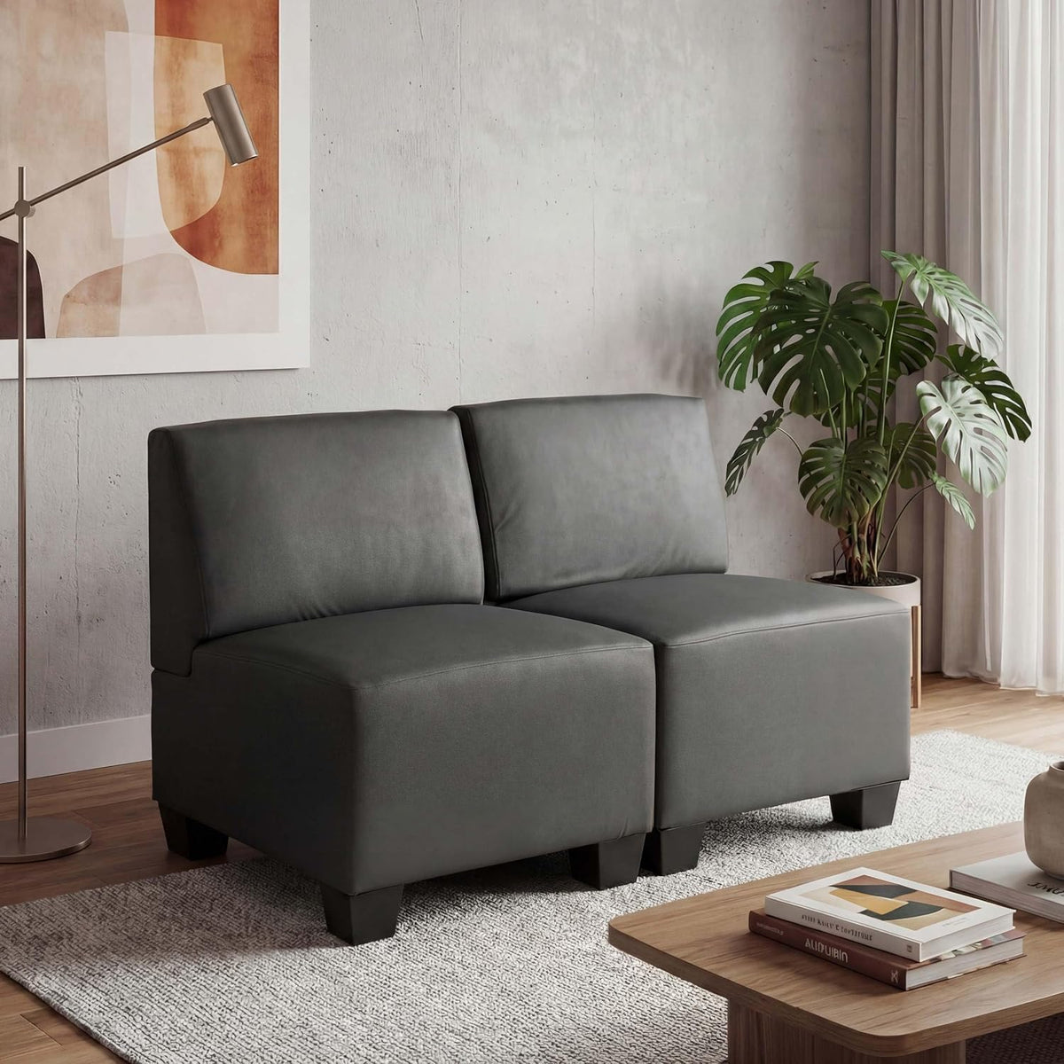Sofa Modular 2, aus Kunstleder und Leder, Dunkelgrau, Mendler