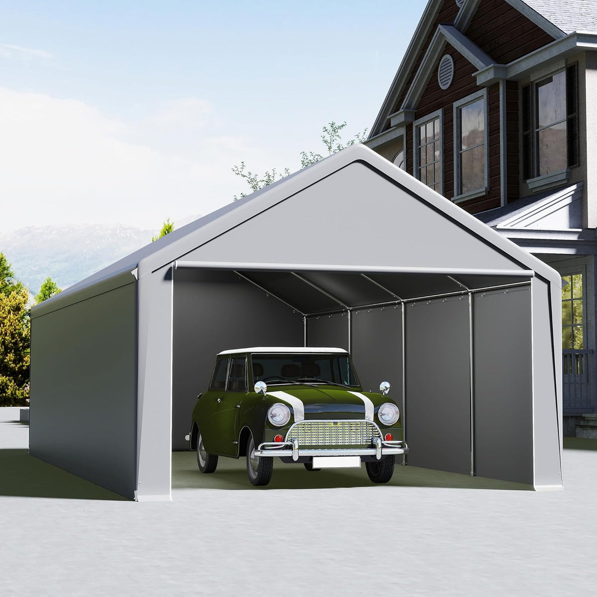 Carport Zeltgarage 4x8 m, 4 × 8 m, aus Stahl, Grau, UISEBRT