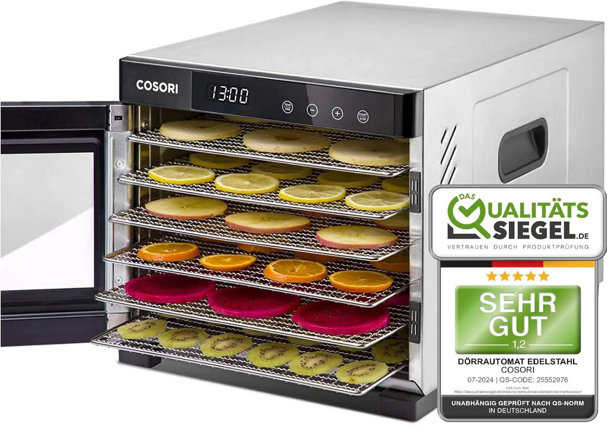 COSORI Dörrautomaten, 650 W, 0,6 m², 75 °C, mit LED, höhenverstellbar, mit Timer, aus Edelstahl und Stahl, Silber/Schwarz