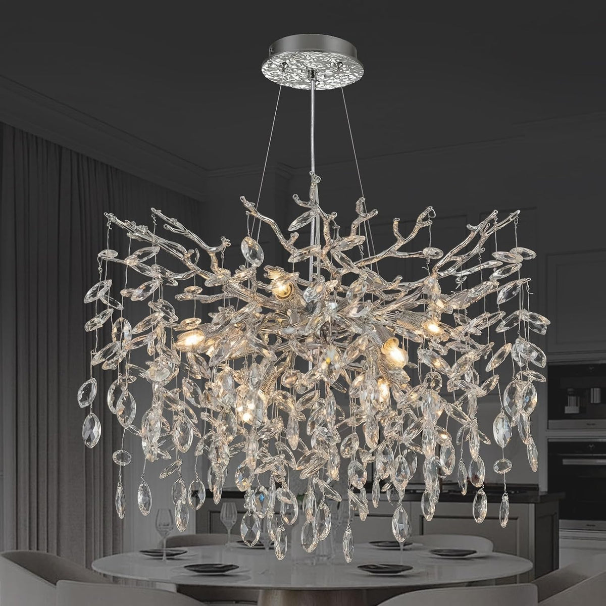 PIOUTNF D61cm Kronleuchter, für das Wohnzimmer und die Küche, Silber