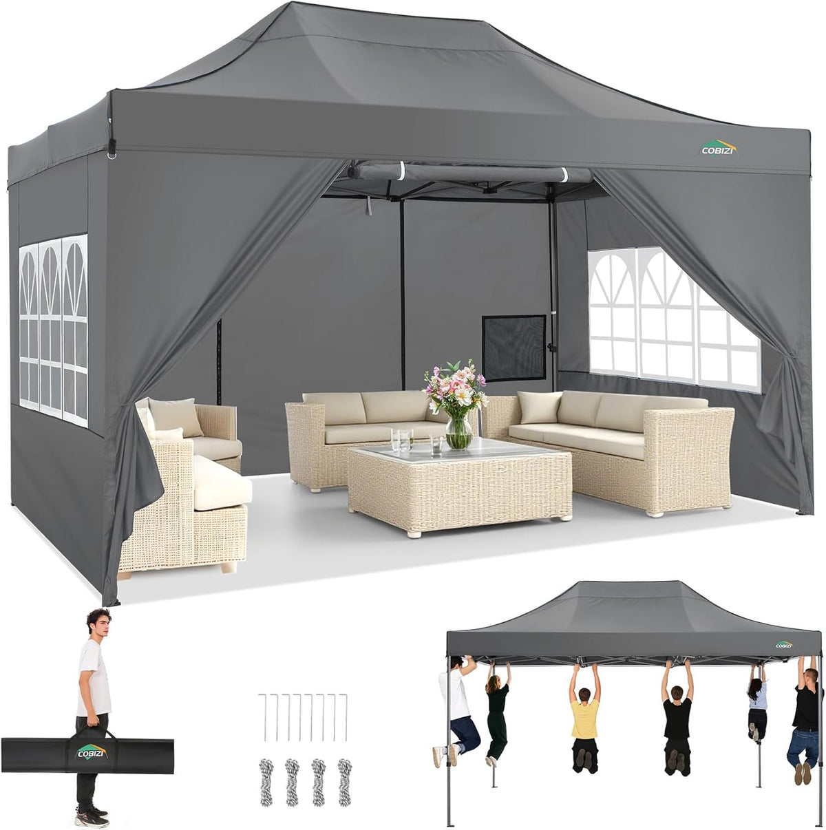 Gartenpavillon, 3 × 4 m, mit 4 Seitenteilen, UV-Schutz 50+, wasserdicht, klappbar, für den Garten, Grau, COBIZI