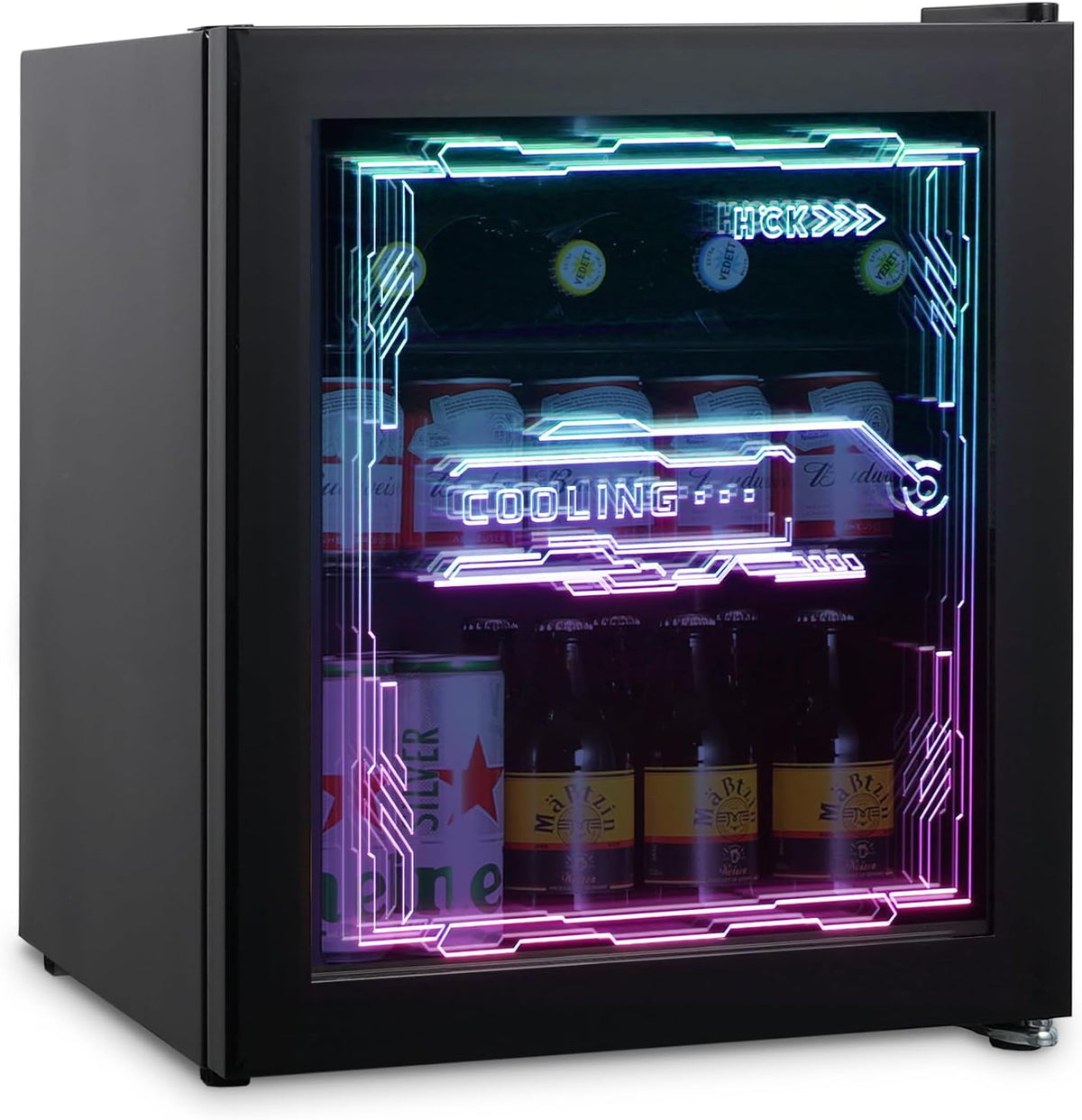 Mini-Kühlschrank, 0–10°C, 48 L, 39 dB, mit LED, verstellbar, aus Glas, Schwarz, HCK