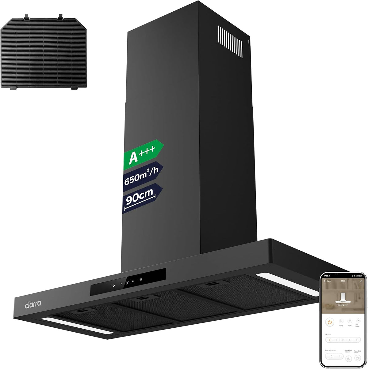 CIARRA CBCB9102-P Dunstabzugshaube, 650 m³, 90 cm, mit WLAN, mit LED, mit App-Steuerung, Schwarz