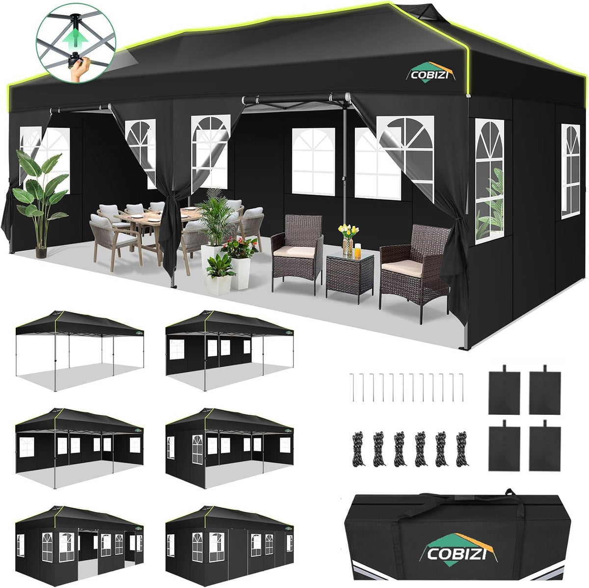 Gartenpavillon, 3 × 6 m, mit 6 Seitenteilen, wasserdicht, winterfest, klappbar, für den Garten, Schwarz, COBIZI