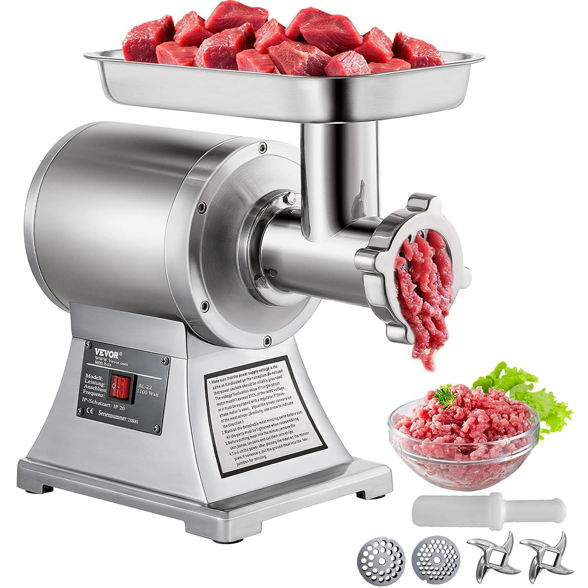 SucceBuy Fleischwölfe, 448 × 210 × 387 mm, 850 W, 193 U/min, 150 kg, aus Edelstahl und Stahl, Silber