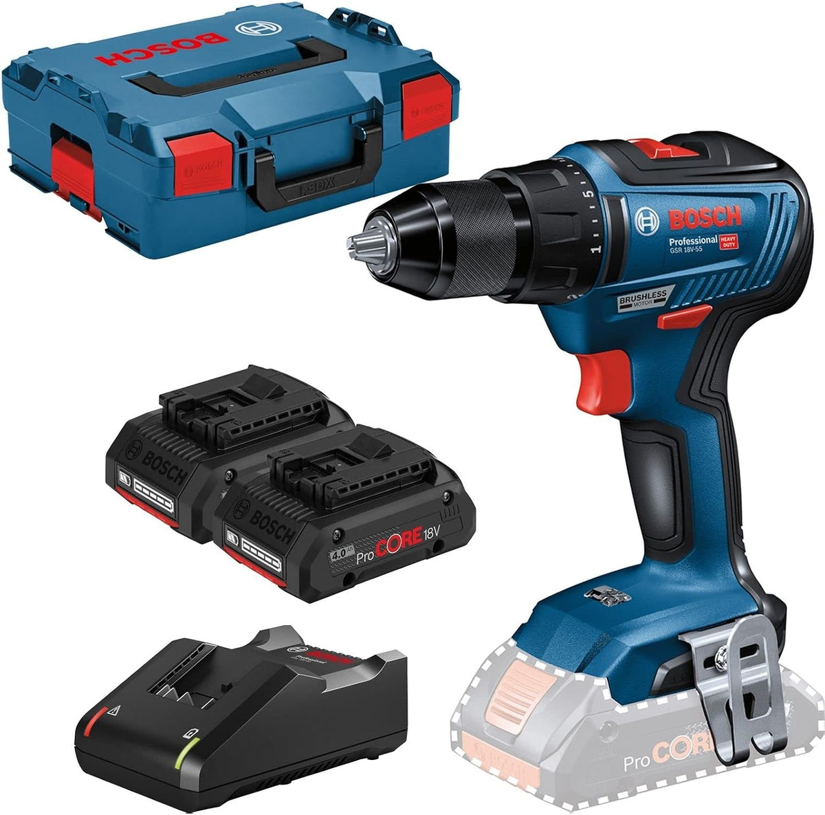 Bosch ProCORE18V Akku-Bohrschrauber, 4.0 Ah, bürstenlos, Blau/Schwarz/Rot