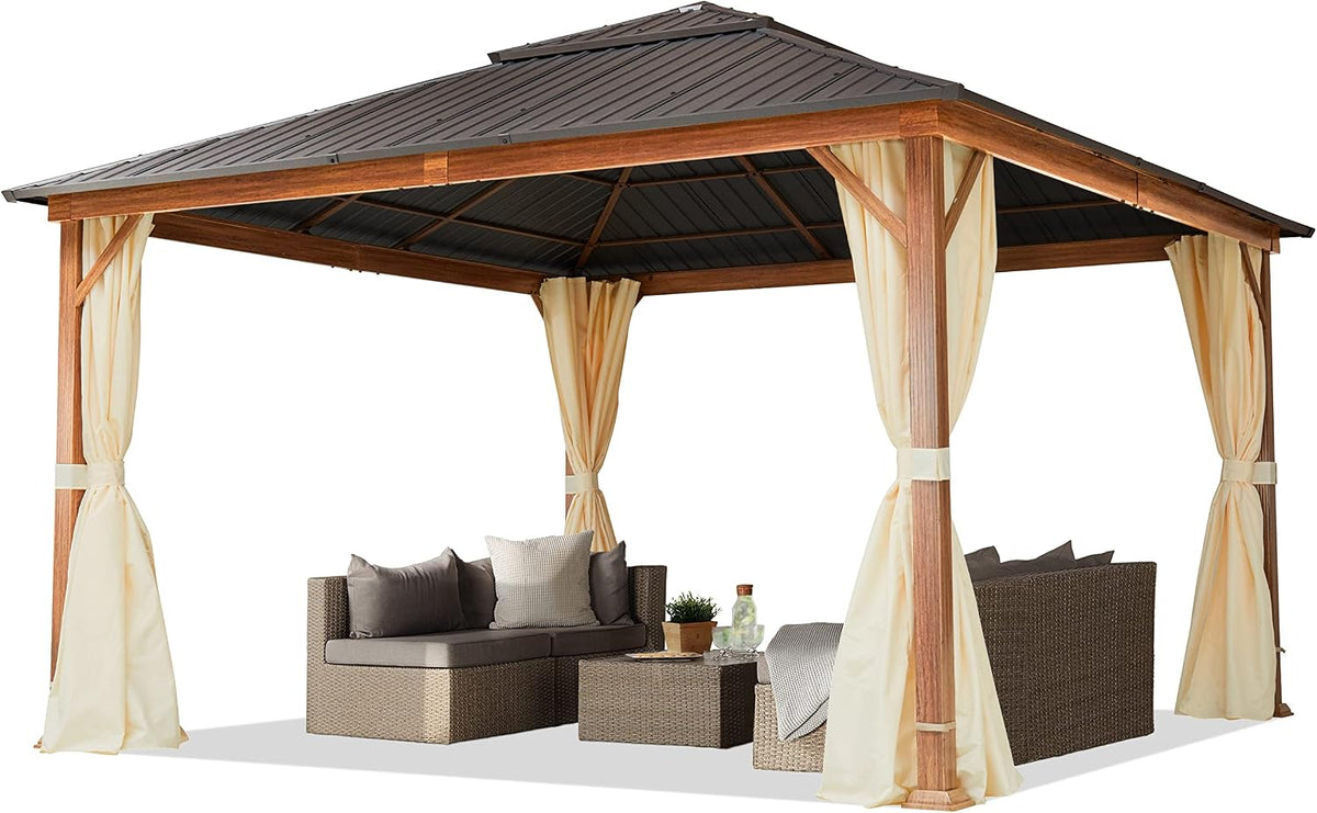 TOOLPORT Gartenpavillon, 4 × 4 m, mit Hardtop-Dach, mit 4 Seitenteilen, für den Garten, aus Stahl, Braun/Beige