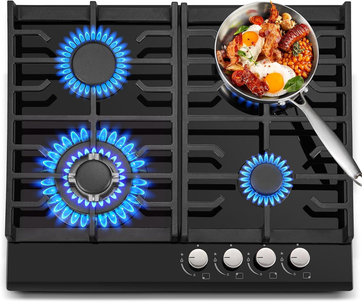 TopStrong Gaskochfeld 4 Flammig Kochfeld, 60 cm, Schwarz, aus Glas