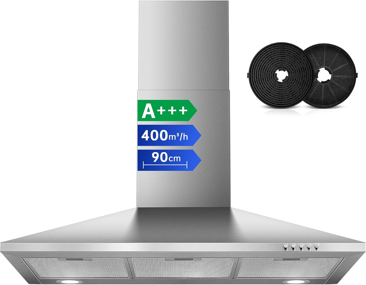 Dunstabzugshaube, 400 m³, 90 cm, mit LED, höhenverstellbar, aus Edelstahl und Stahl, Silber, SNDOAS