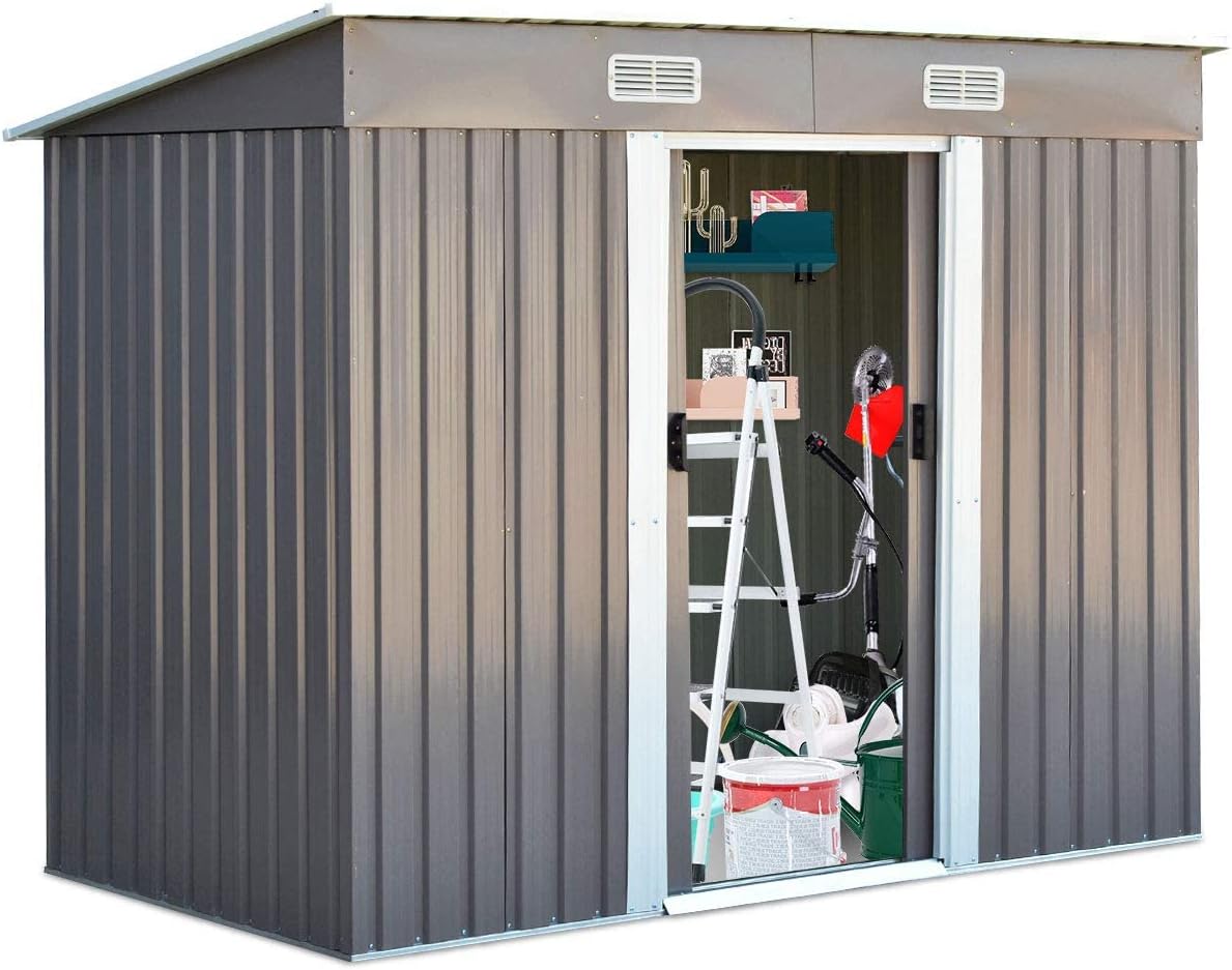 Gerätehaus, 238 × 131 × 181 cm, mit Stauraum, für den Garten, aus Metall, Grau, GOPLUS