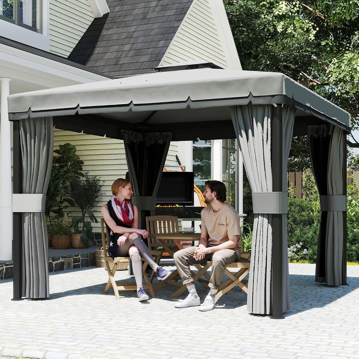 Gartenpavillon, 3 × 3 m, mit Doppeldach, mit Moskitonetzen, wasserabweisend, winterfest, für den Garten, Grau, ATOMSTACK MAKER
