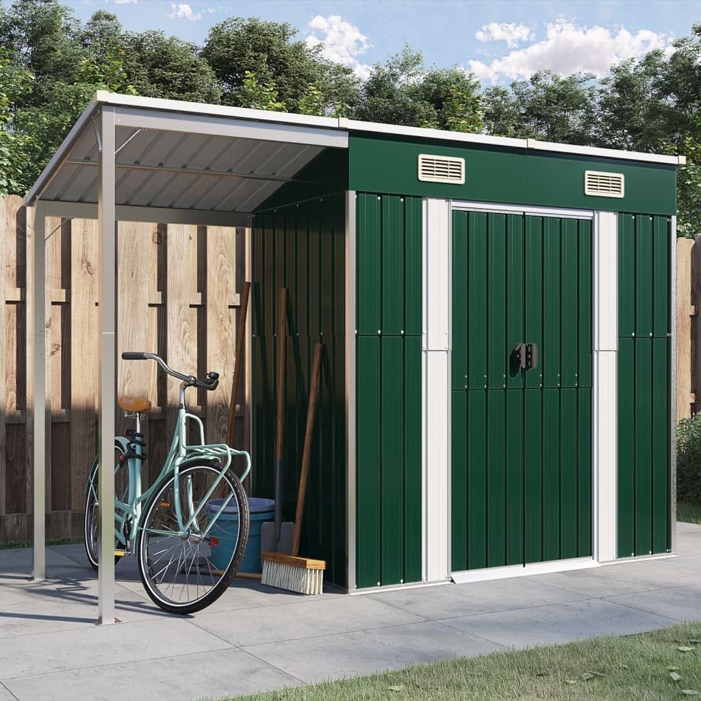 Gerätehaus, 277 × 110,5 × 181 cm, aus Stahl, mit Stauraum, für den Garten, Grün/Weiß, ShGaxin
