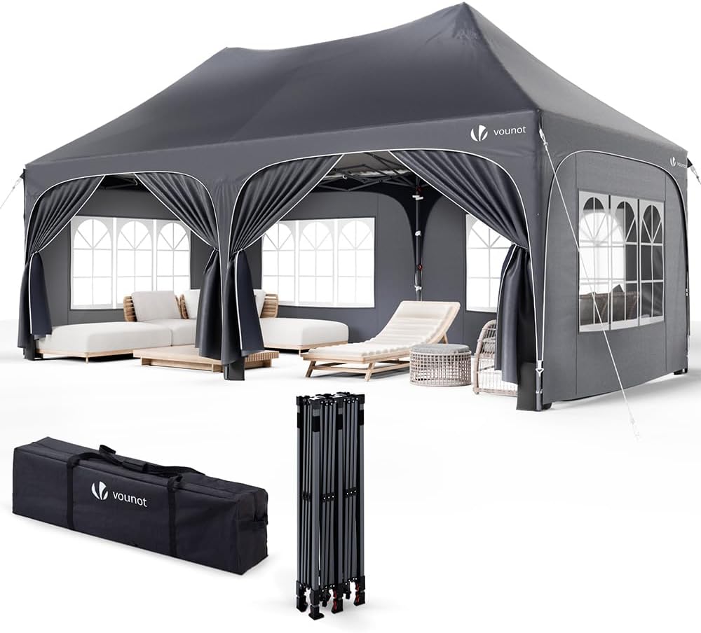 Gartenpavillon, 3 × 6 m, mit 6 Seitenteilen, UV-Schutz 50+, wasserdicht, winterfest, für den Garten, Grau, VOUNOT