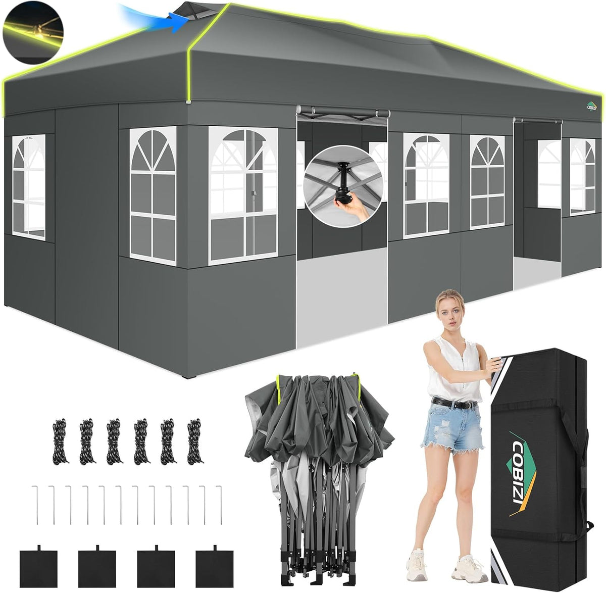 Gartenpavillon, 3 × 6 m, mit 6 Seitenteilen, wasserdicht, winterfest, klappbar, für den Garten, Grau, COBIZI