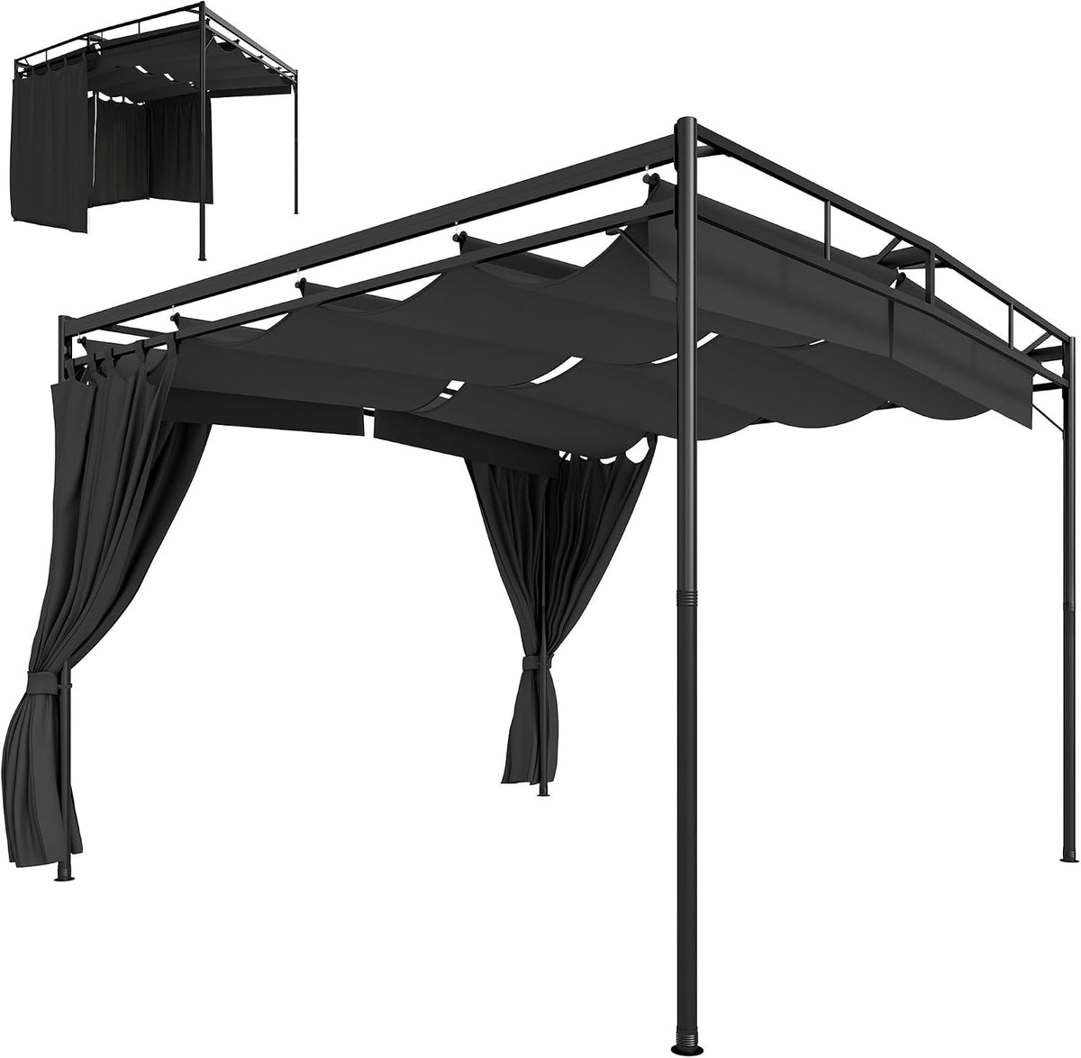 Outsunny Pergola, 3 × 3 m, 9 m², aus Metall, mit Schiebedach, mit Vorhängen, für den Garten und die Terrasse, Anthrazitgrau