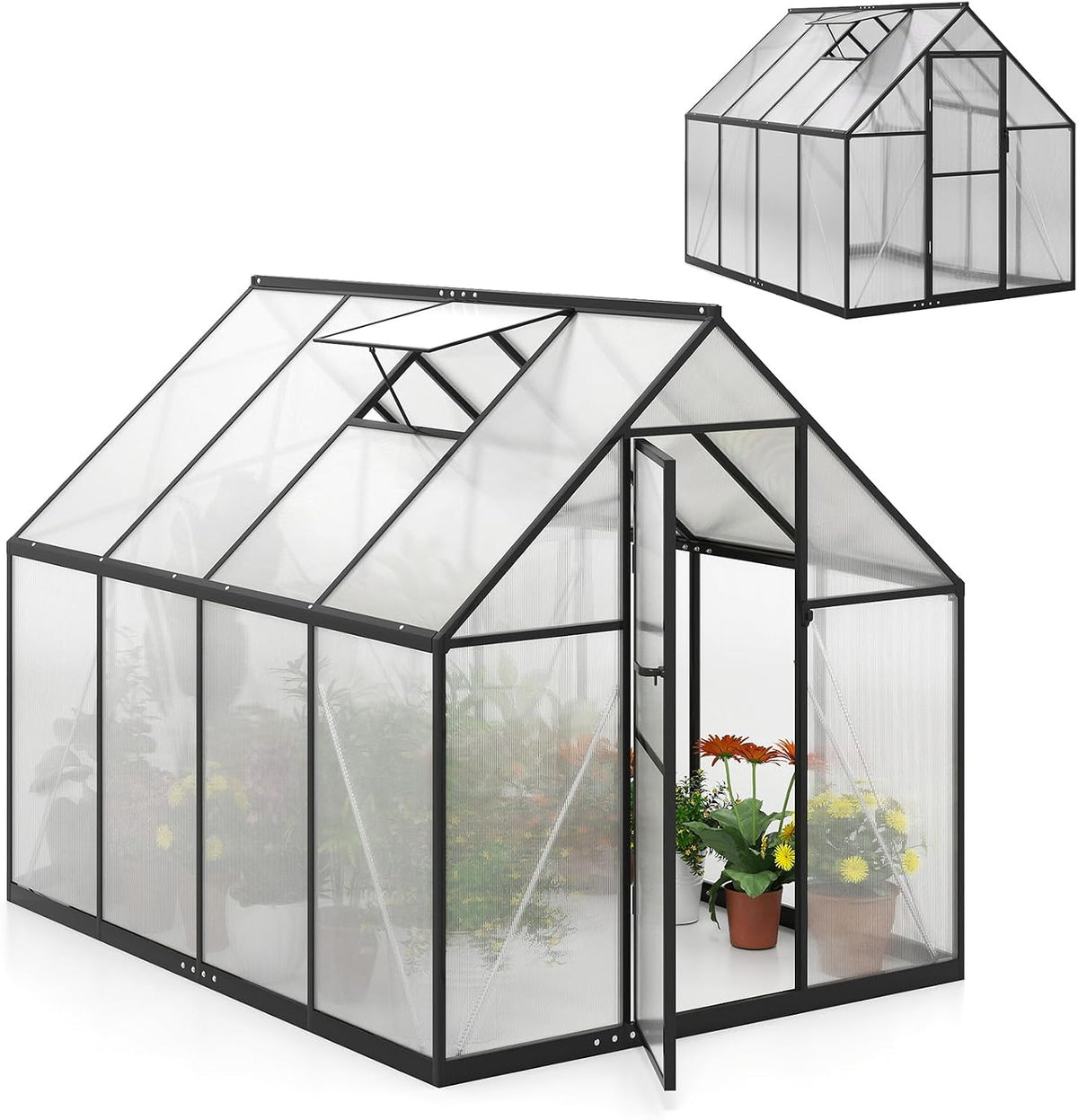 Gerätehaus, 250 × 190 × 195 cm, winterfest, klappbar, verstellbar, aus Aluminium, für den Garten und den Balkon, Schwarz/Transparent, HOMASIS