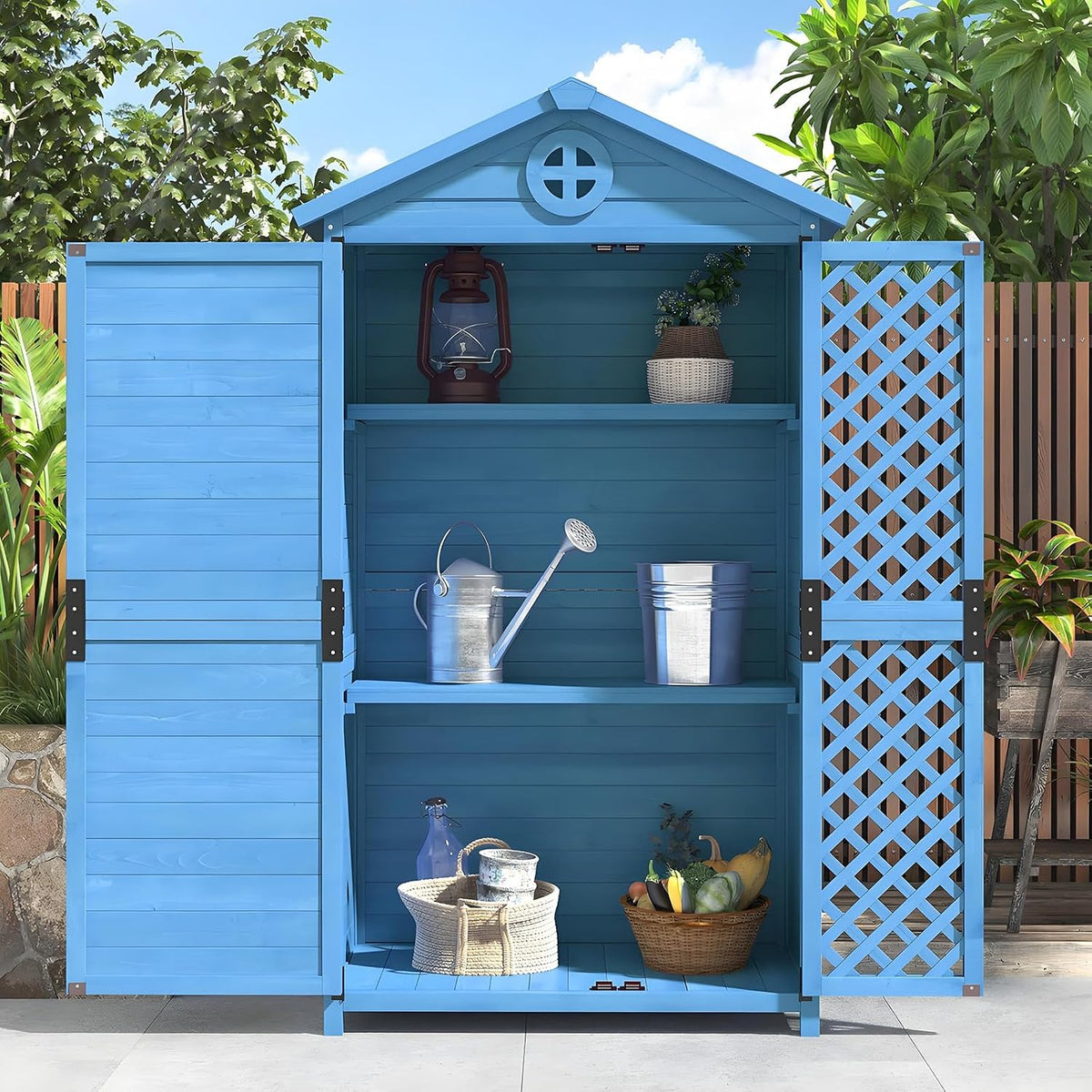 Gerätehaus, 175.3 cm, mit Stauraum, mit festem Dach, für den Garten, Blau, Drmoxin