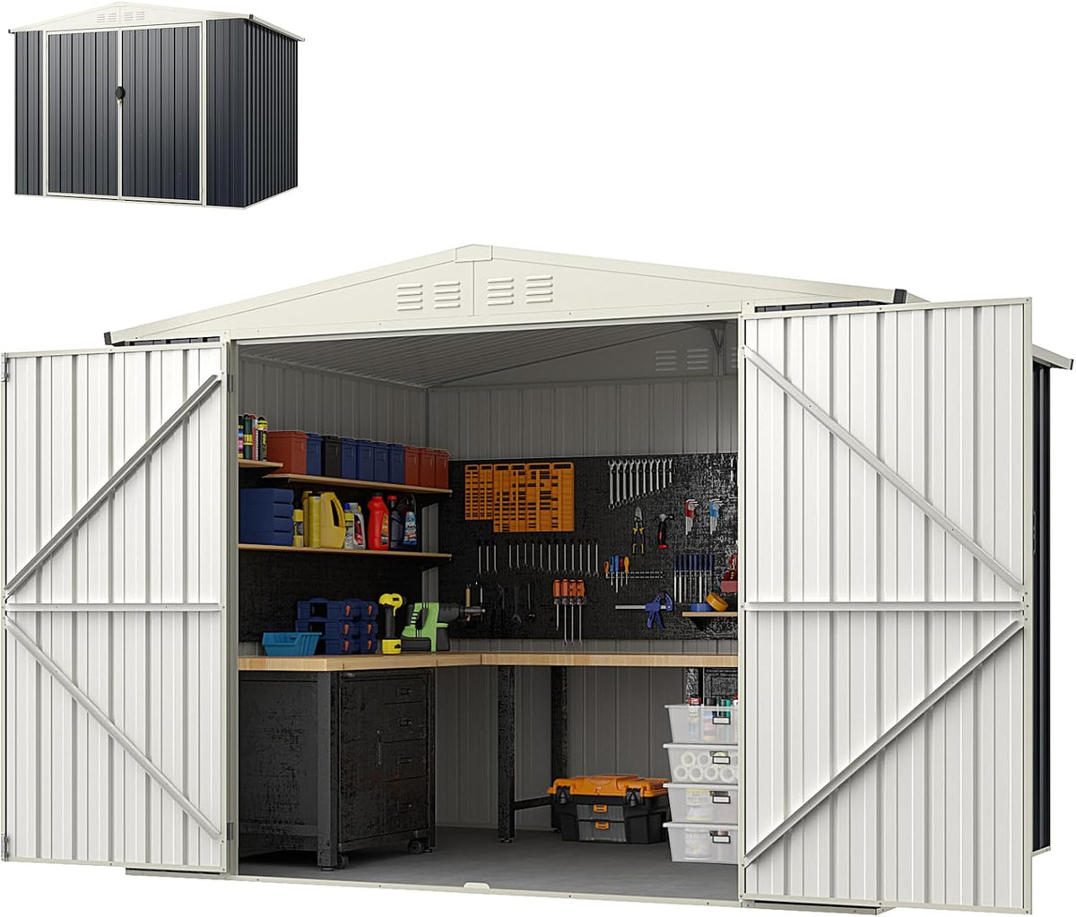 Gerätehaus m3, 246 × 193 × 180 cm, mit Stauraum, aus Metall, für den Garten, Grau/Weiß, HOMASIS