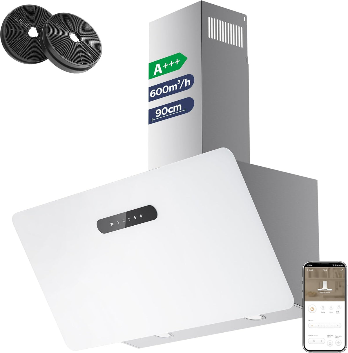 CIARRA CBCW9736K Dunstabzugshaube, 650 m³, 90 cm, aus Edelstahl und Stahl, mit WLAN, mit App-Steuerung, Weiß/Edelstahl/Schwarz