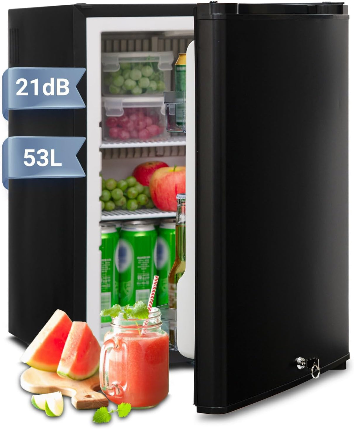Kühlschrank, 53 L, 12 V, 230 V, verstellbar, mit Stauraum, für das Büro und Camping, Schwarz, Techomey