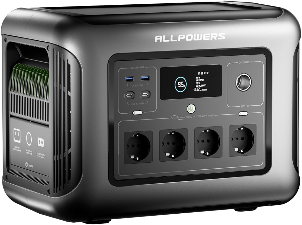 ALLPOWERS R1500 Stromerzeuger, 1600 W, 1056 Wh, mit WLAN, mit USB, für Camping, Schwarz
