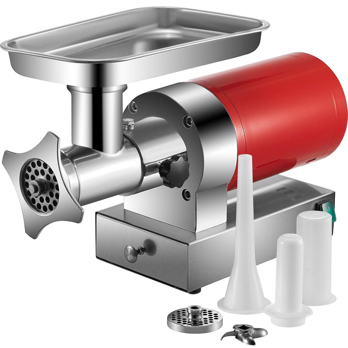 VEVOR Fleischwölfe, 800 W, 180 U/min, 300 kg, wasserdicht, mit Stauraum, Rot/Silber