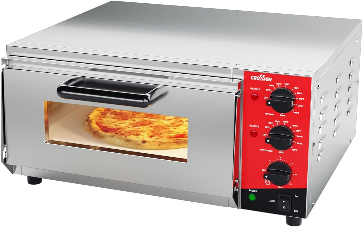 crosson Pizzaofen, 400 × 400 mm, 350 °C, mit Timer, Silber/Rot