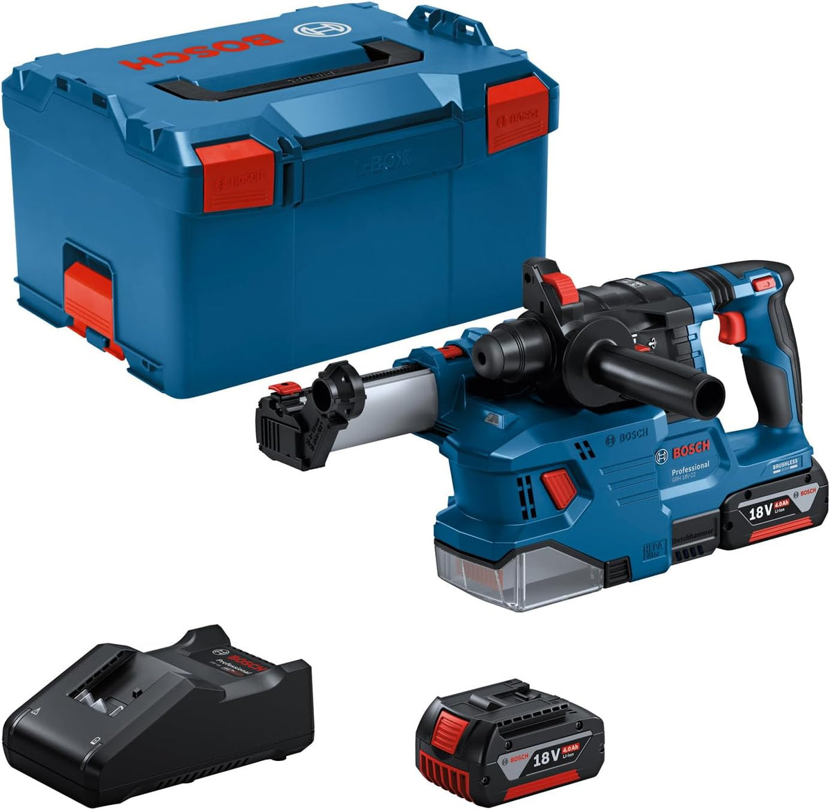 Bosch SDS plus Bohrhämmer, 18 V, 4.0 Ah, Blau/Schwarz/Rot