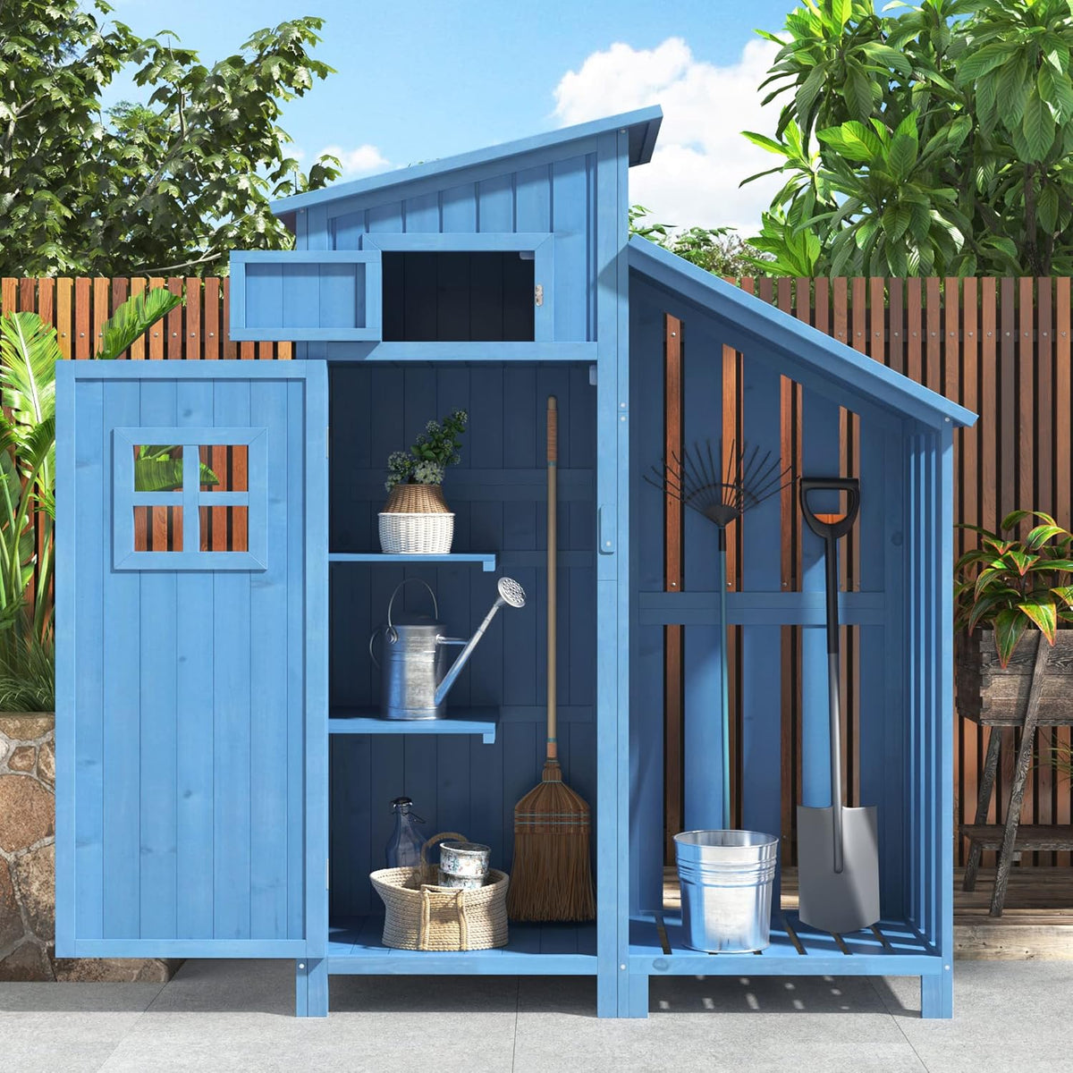 Gerätehaus, 124 × 46 × 174 cm, mit Stauraum, für den Garten, Blau, MYBOO