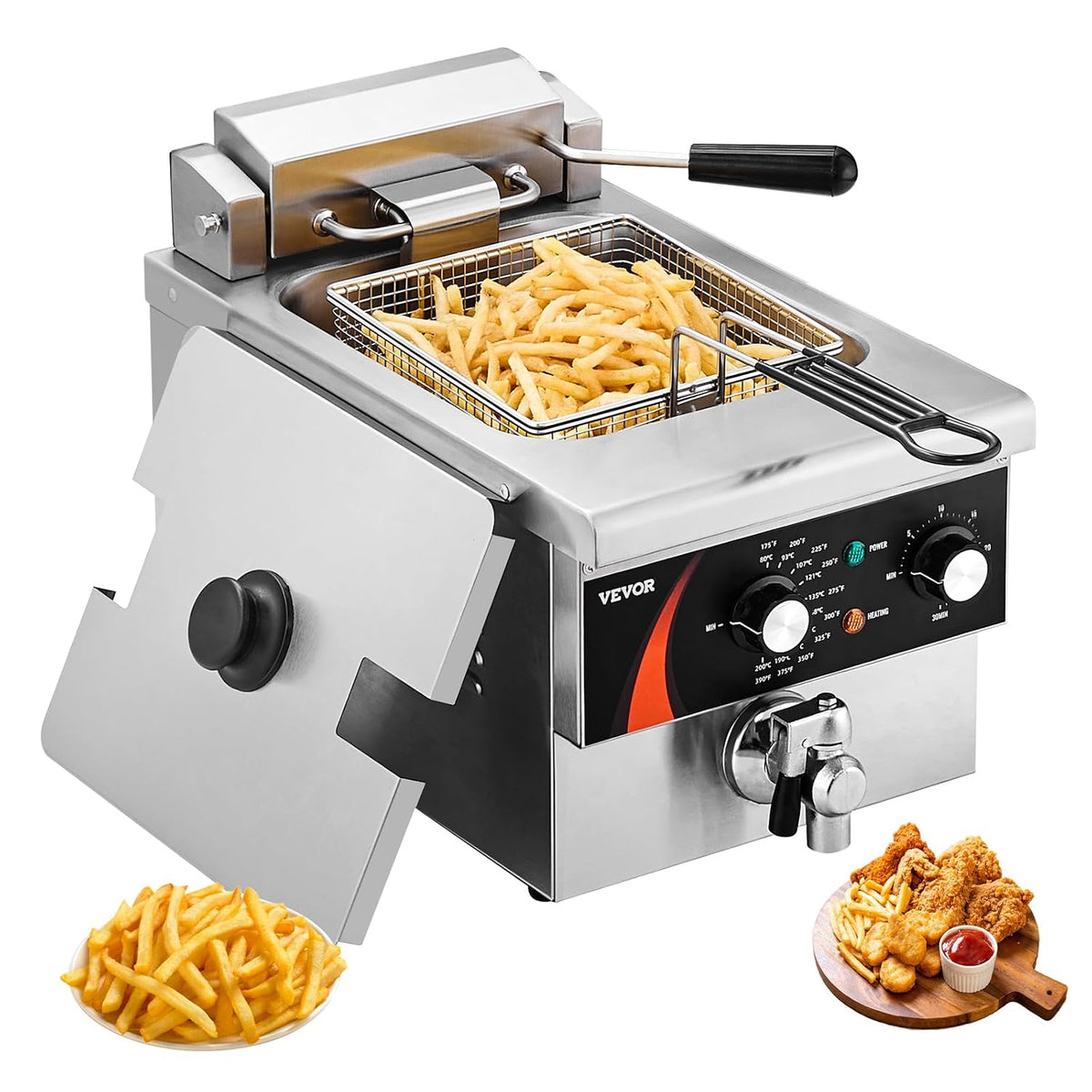 VEVOR Fritteusen, 5,9 L, 3000 W, mit Timer, für die Küche, aus Edelstahl und Stahl, Silber