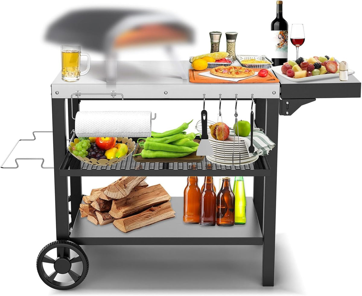 GFTIME Pizzaofen, 116 × 54 cm, klappbar, mit Stauraum, aus Edelstahl und Stahl, Schwarz/Silber